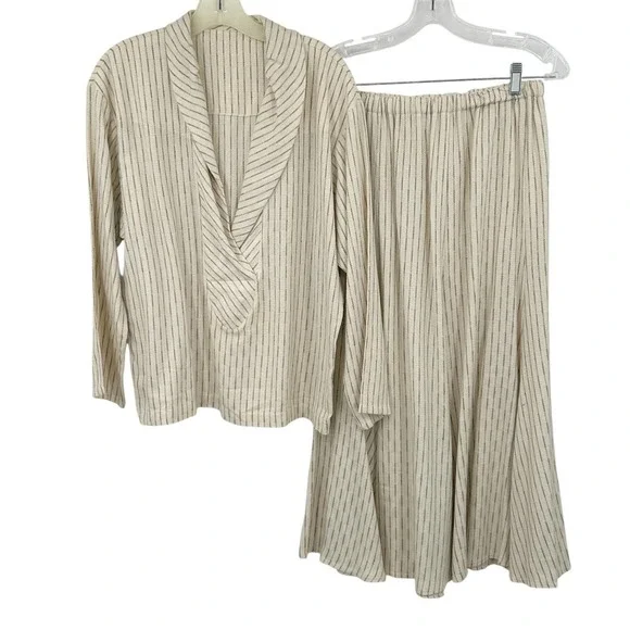 Vintage 80s Cotton Blend Midi Skirt Set M Cream Stripe Draped Collar Top Coastal - Picture 2 of 12